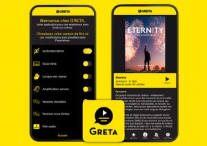 Deux smartphone présentant l'écran d'accueil de l'application Greta et l'écran consacré à un film